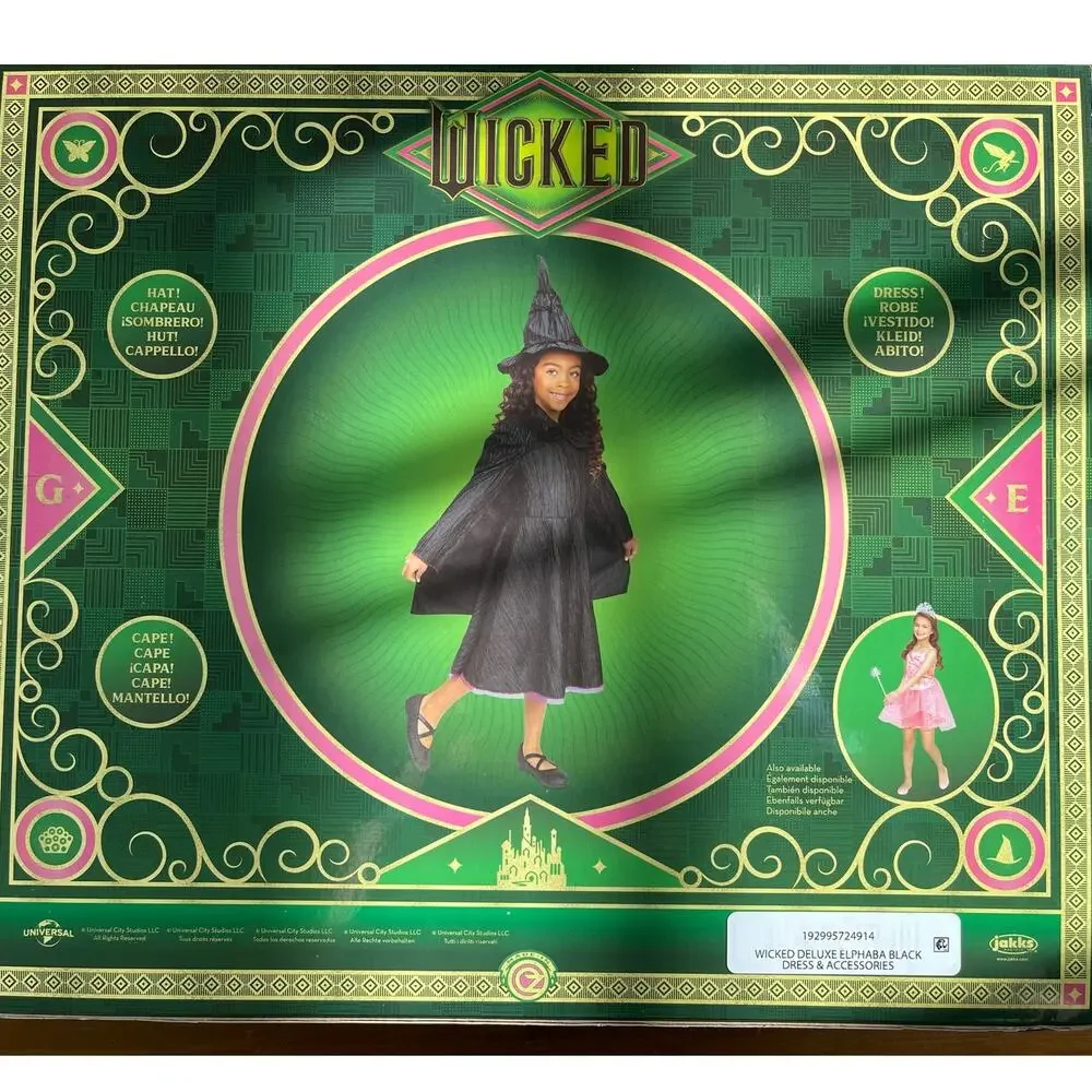 Wicked Deluxe Elphaba Black Dress & Accessories Girls Child Dress Up Size 4-6X